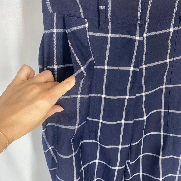 Derek Lam Collective Dress Pants Navy Blue Windowpane Plaid Trouser High Rise 36 Straight Leg